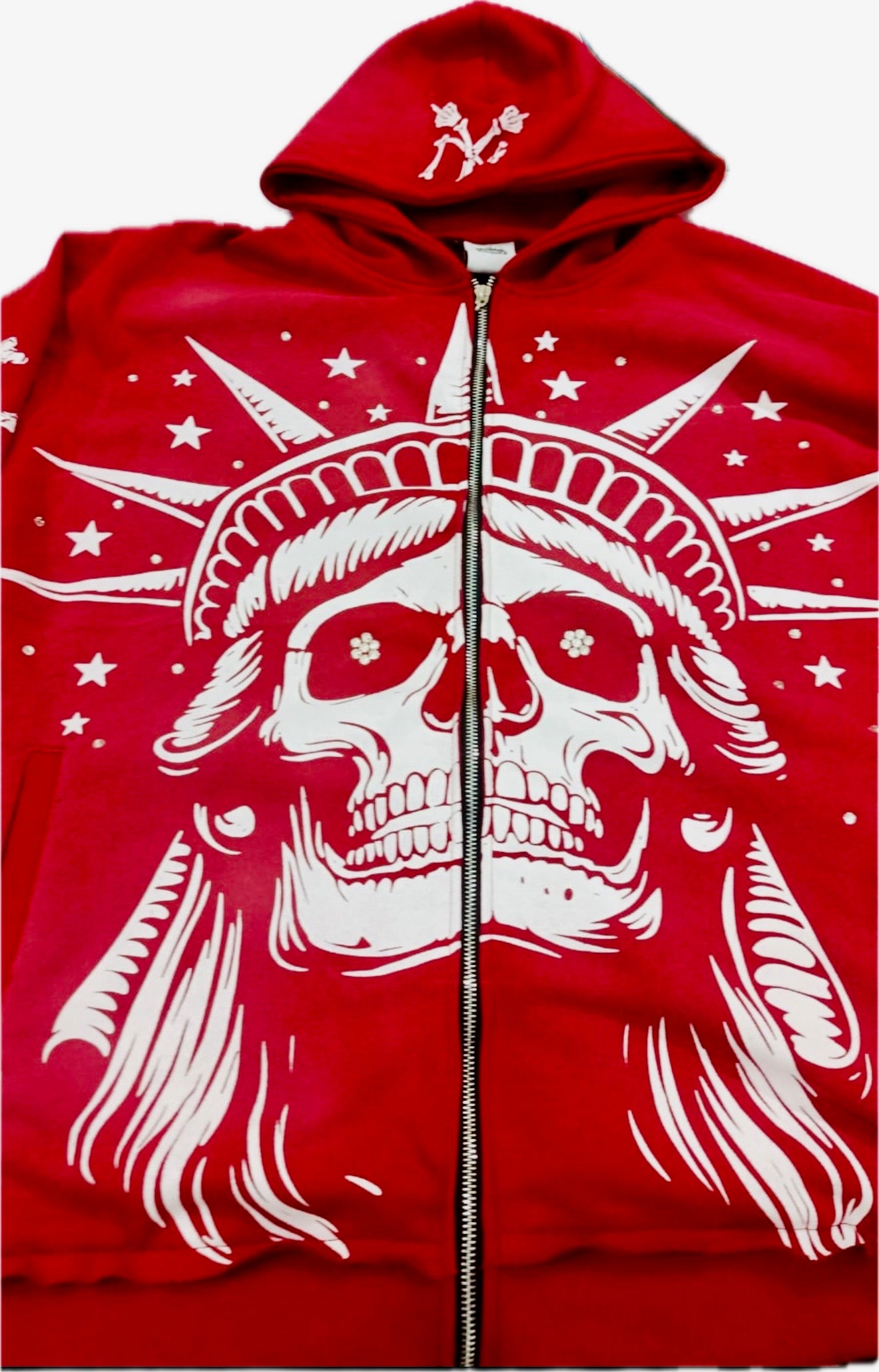 Concrete Jungle Skeleton Face Liberty Rhinestone Zip-Up Hoodie