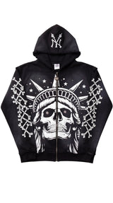 Concrete Jungle Skeleton Face Liberty Rhinestone Zip-Up Hoodie