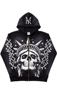 Concrete Jungle Skeleton Face Liberty Rhinestone Zip-Up Hoodie