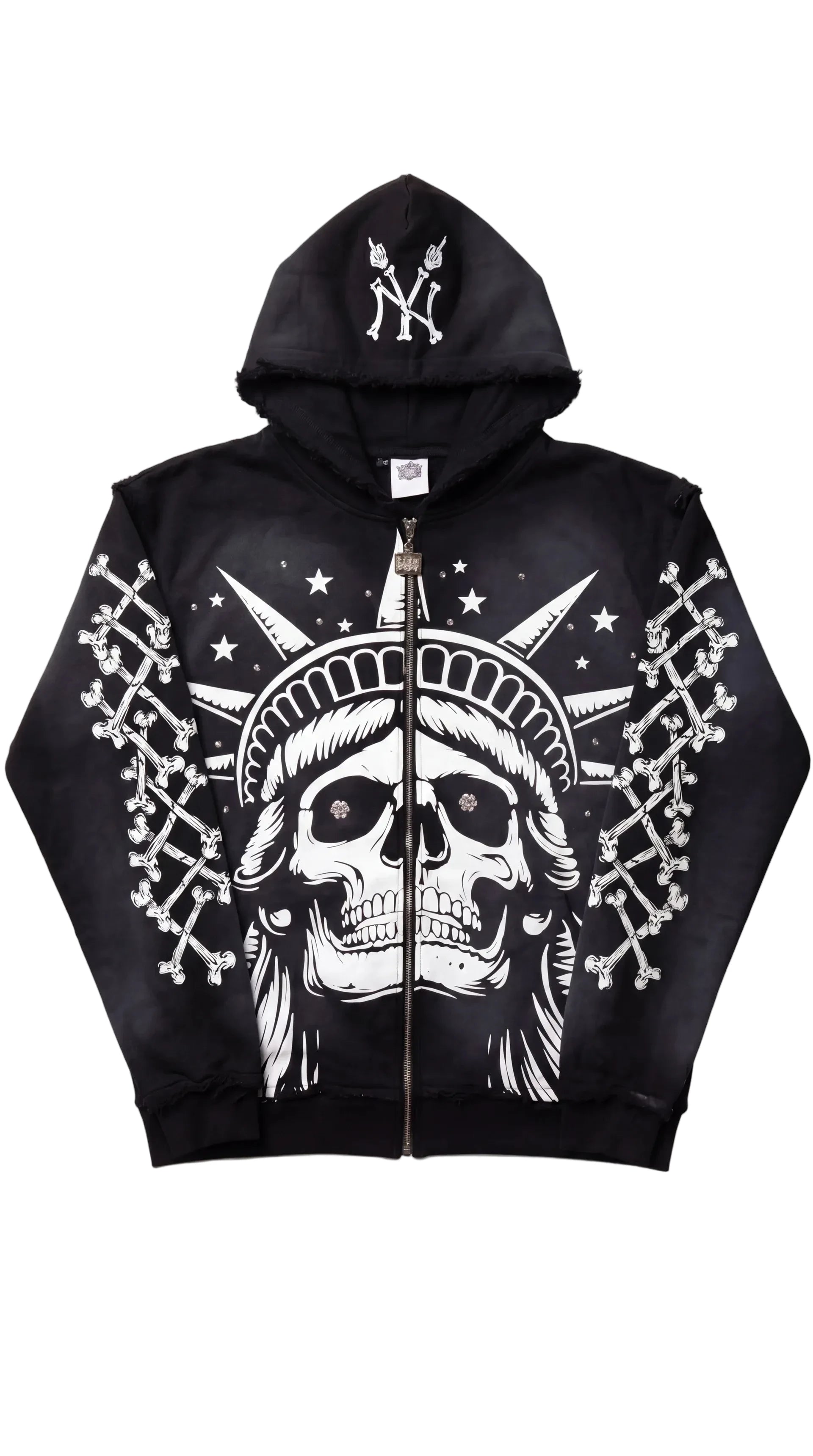 Concrete Jungle Skeleton Face Liberty Rhinestone Zip-Up Hoodie