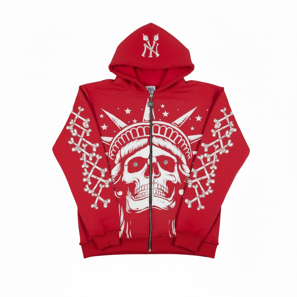 Concrete Jungle Skeleton Face Liberty Rhinestone Zip-Up Hoodie