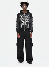 Concrete Jungle Skeleton Face Liberty Rhinestone Zip-Up Hoodie