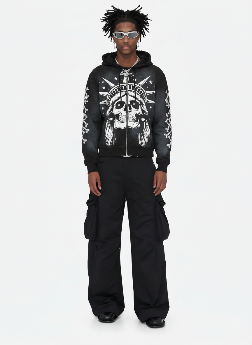 Concrete Jungle Skeleton Face Liberty Rhinestone Zip-Up Hoodie