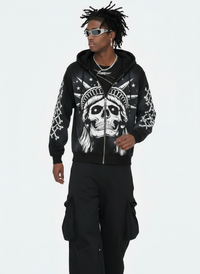 Concrete Jungle Skeleton Face Liberty Rhinestone Zip-Up Hoodie