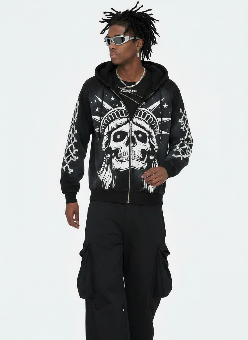 Concrete Jungle Skeleton Face Liberty Rhinestone Zip-Up Hoodie