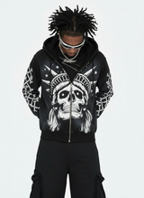 Concrete Jungle Skeleton Face Liberty Rhinestone Zip-Up Hoodie