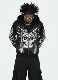 Concrete Jungle Skeleton Face Liberty Rhinestone Zip-Up Hoodie