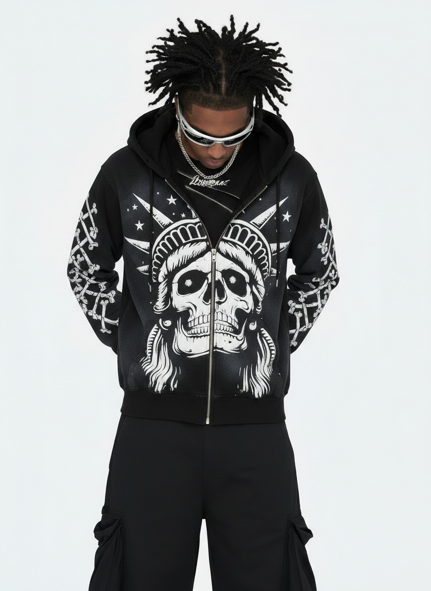 Concrete Jungle Skeleton Face Liberty Rhinestone Zip-Up Hoodie