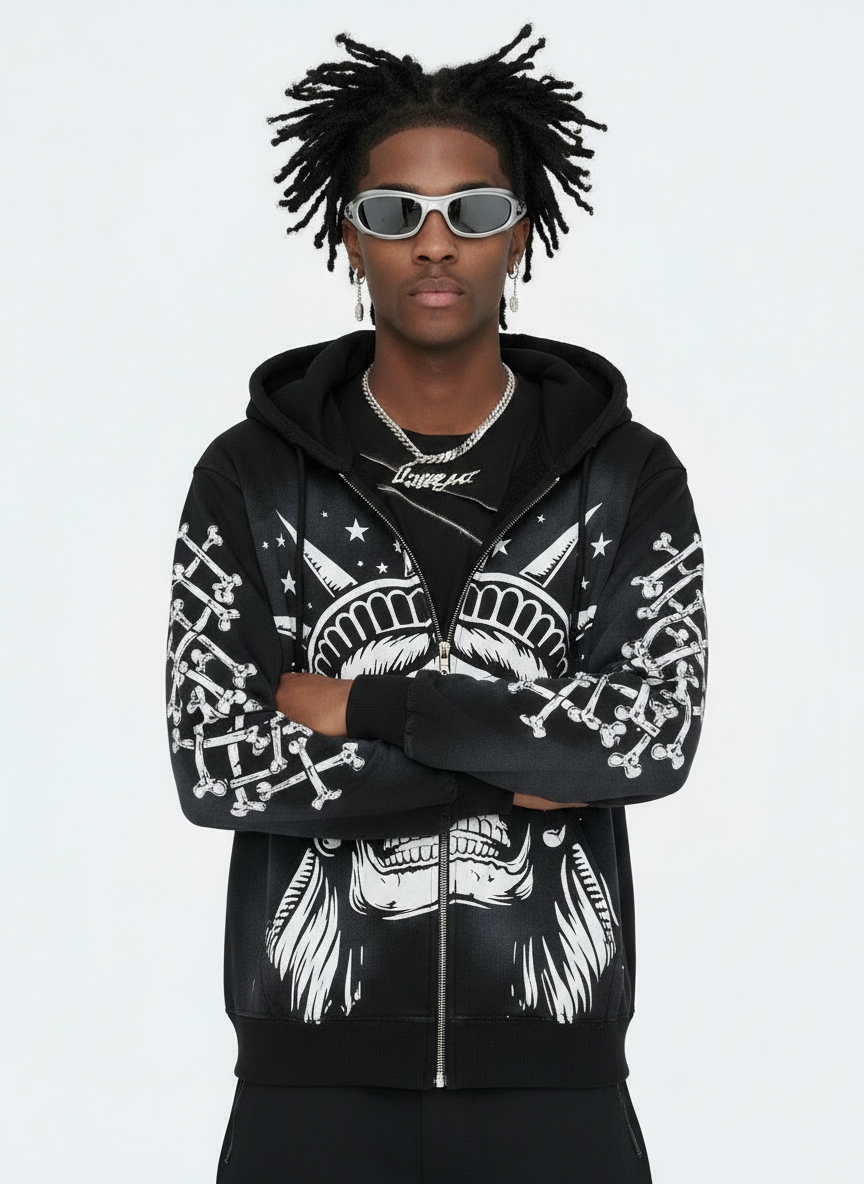Concrete Jungle Skeleton Face Liberty Rhinestone Zip-Up Hoodie