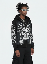 Concrete Jungle Skeleton Face Liberty Rhinestone Zip-Up Hoodie