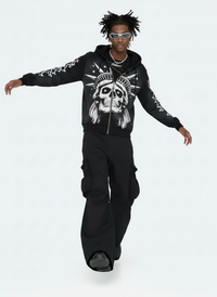 Concrete Jungle Skeleton Face Liberty Rhinestone Zip-Up Hoodie