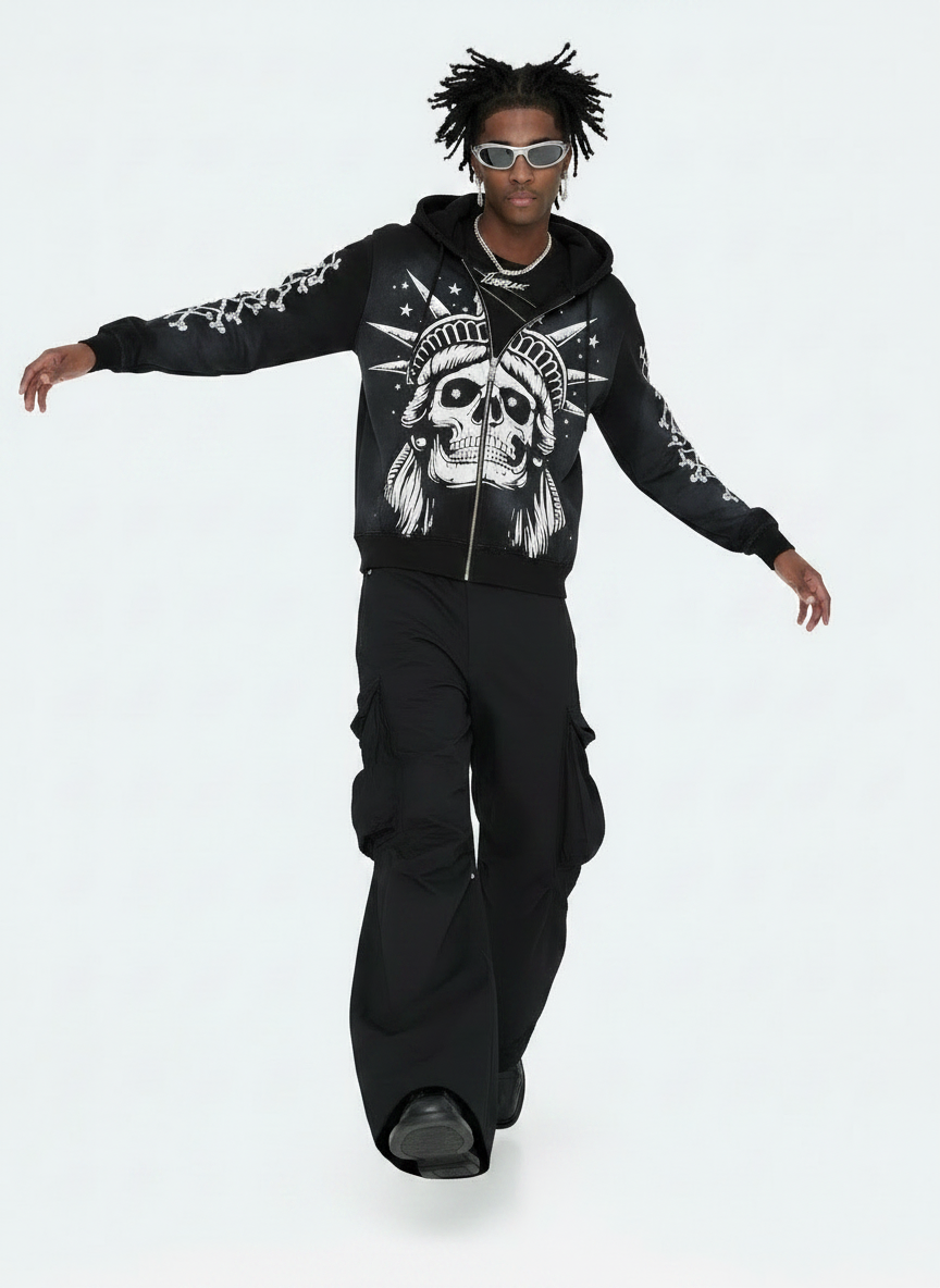 Concrete Jungle Skeleton Face Liberty Rhinestone Zip-Up Hoodie