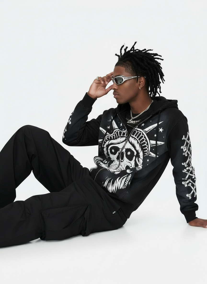 Concrete Jungle Skeleton Face Liberty Rhinestone Zip-Up Hoodie