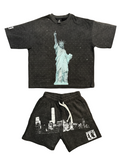Statue of Liberty "Middle Finger" Rhinestone Acid Wash Distress Summer Set (Beast NY Collection)