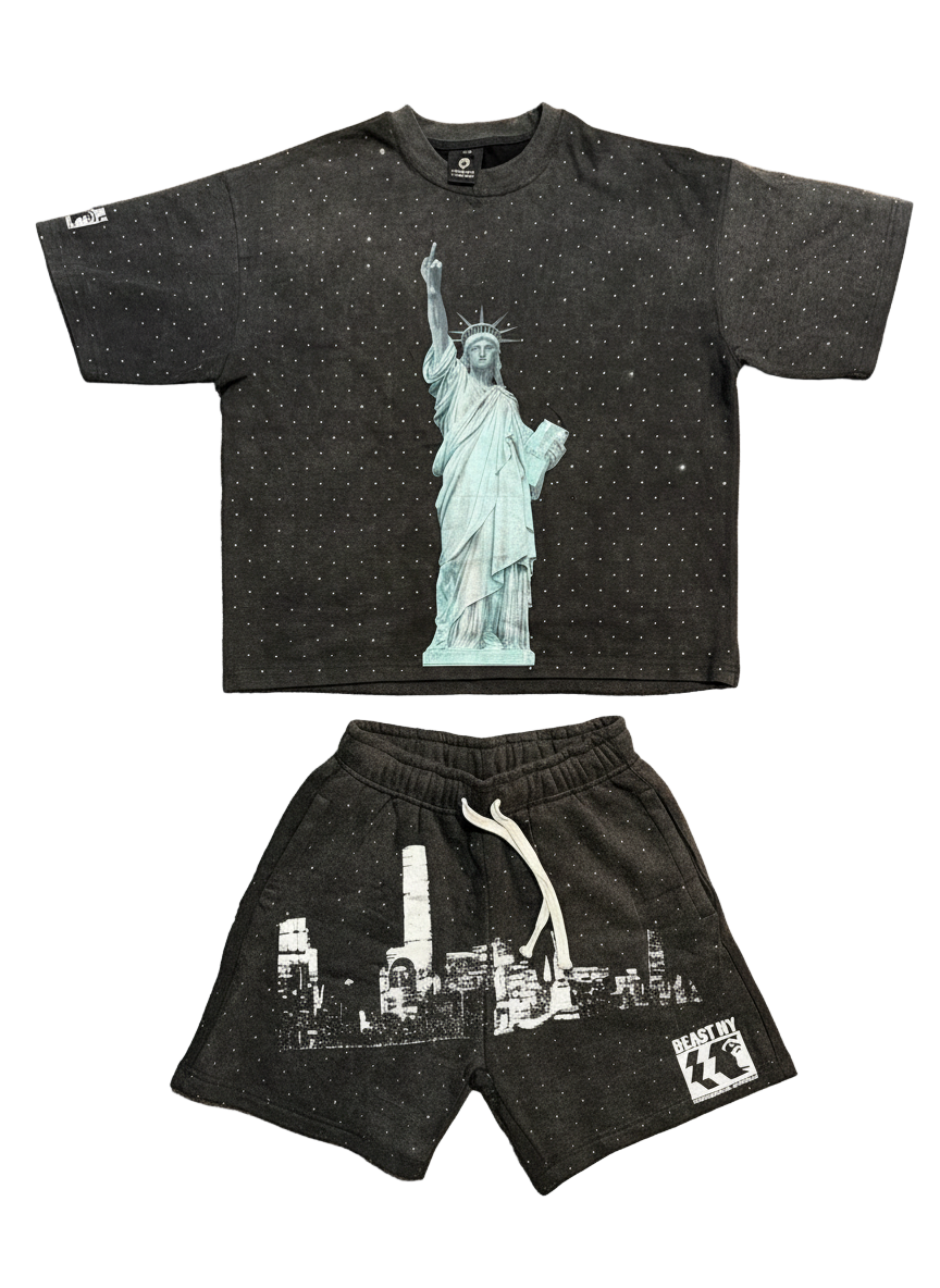 Statue of Liberty "Middle Finger" Rhinestone Acid Wash Distress Summer Set (Beast NY Collection)